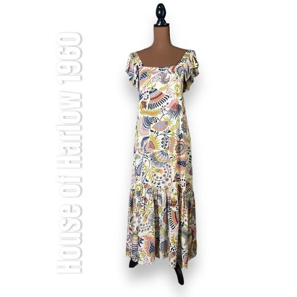 House of Harlow 1960 Molly Ivory Maxi Dress Boho Prairie Printed Women’s Small - Picture 1 of 10
